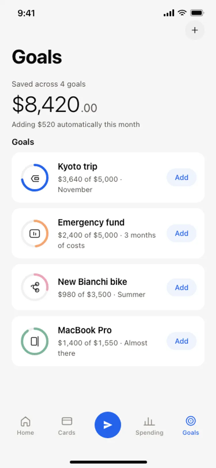 Savings goals screen
