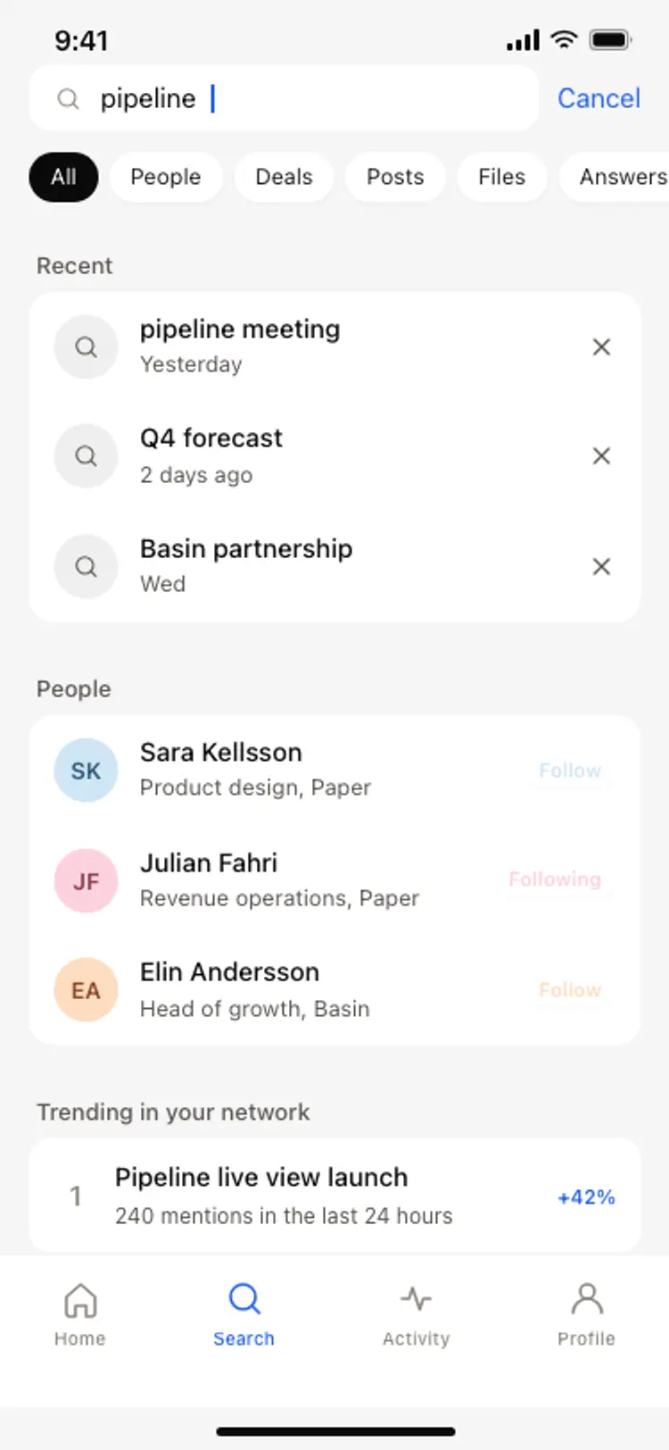 Search results screen