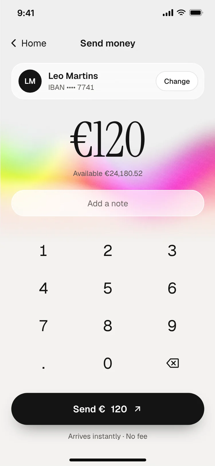 Send money screen with keypad