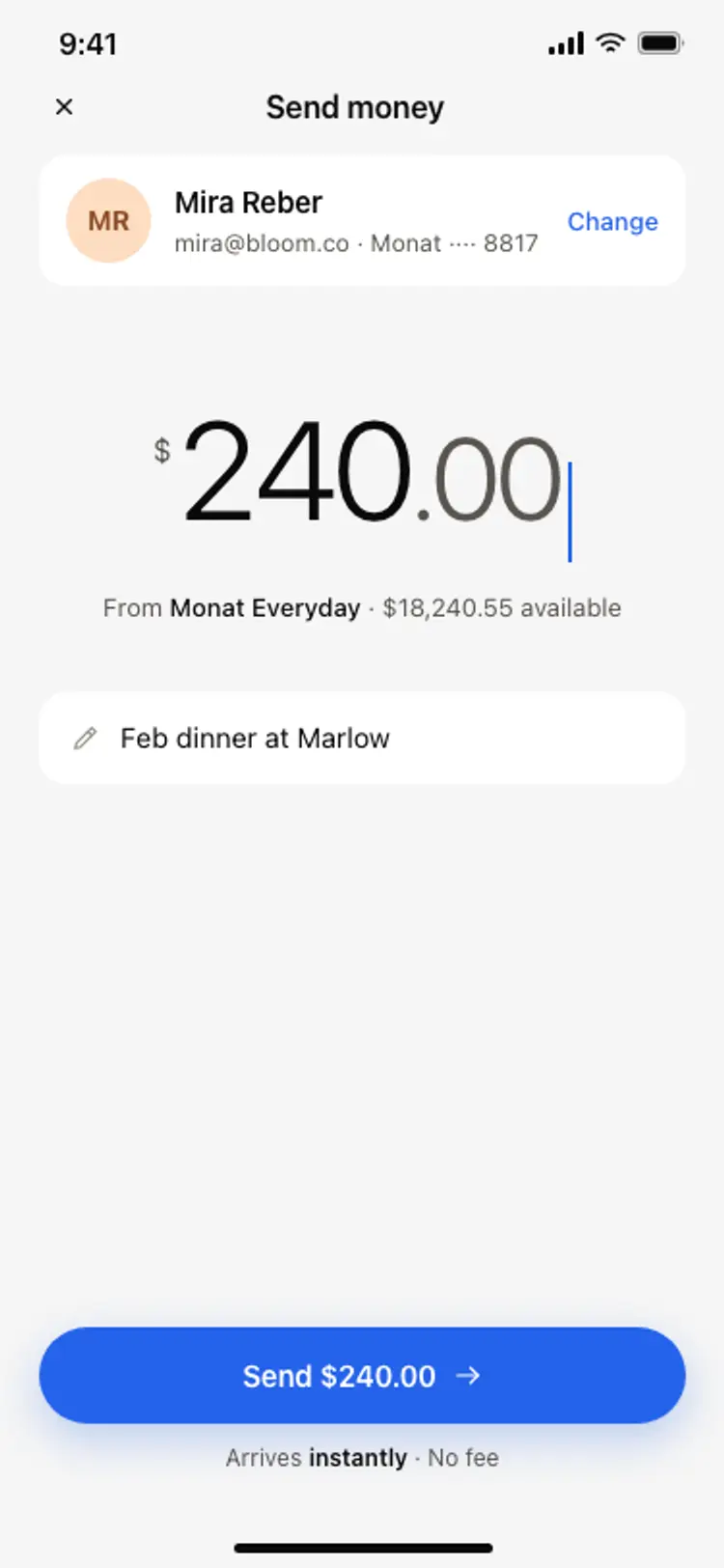 Send money screen