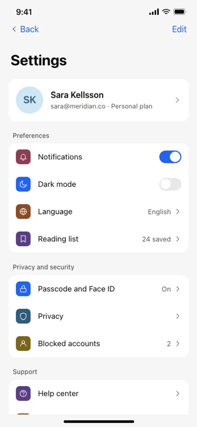 App settings screen