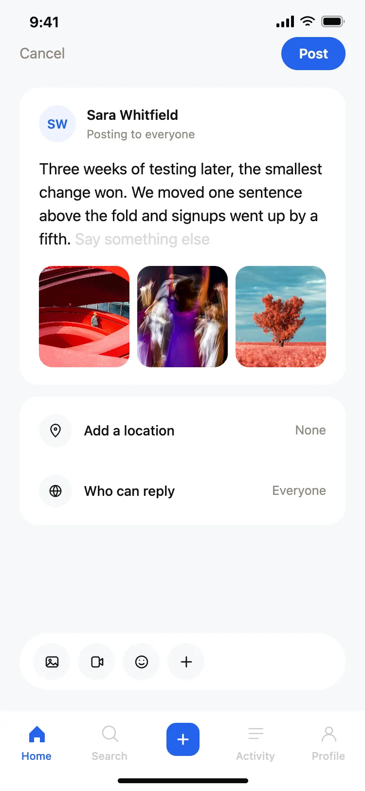Social app compose post screen