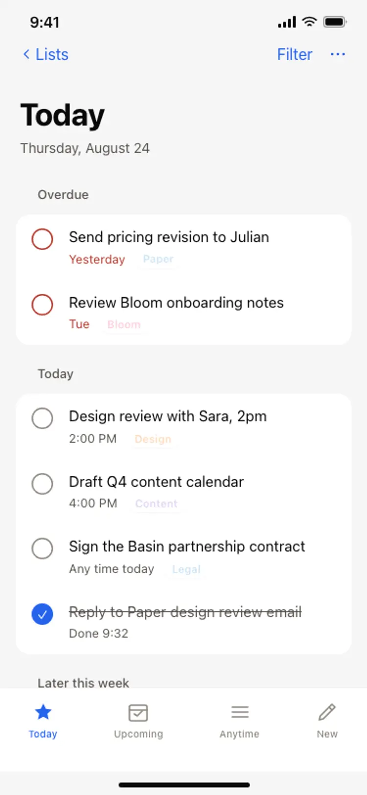 Task list screen