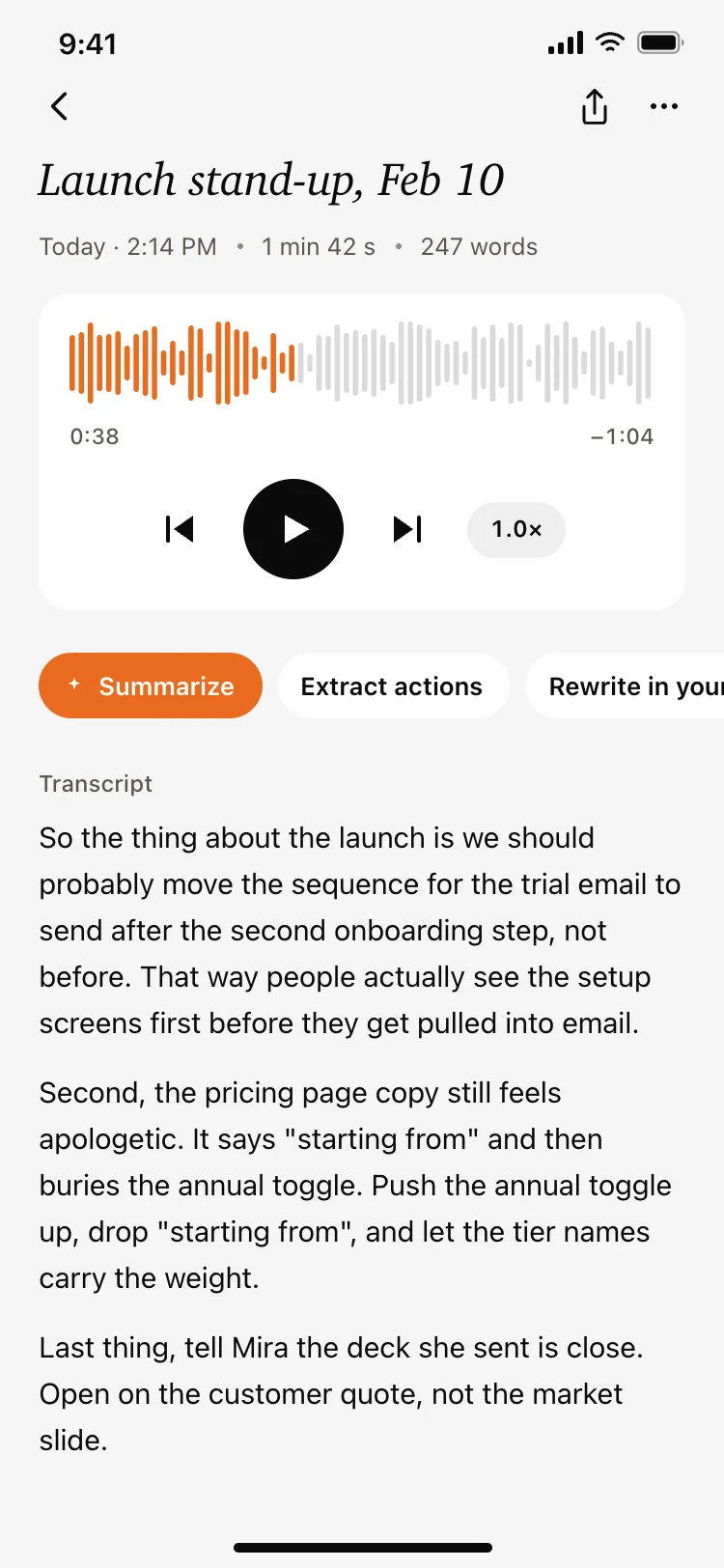Voice note detail screen with transcript