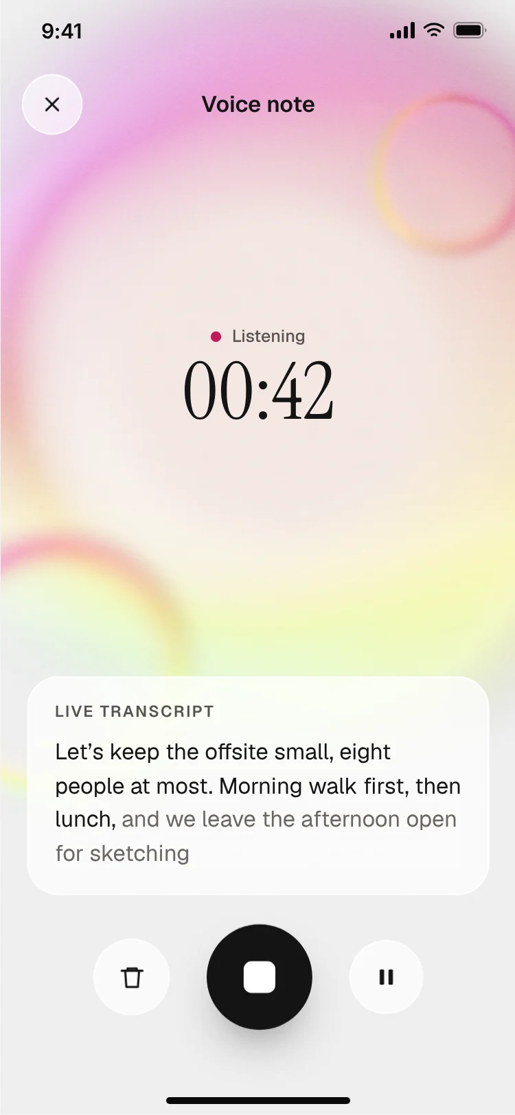 Voice note transcript screen
