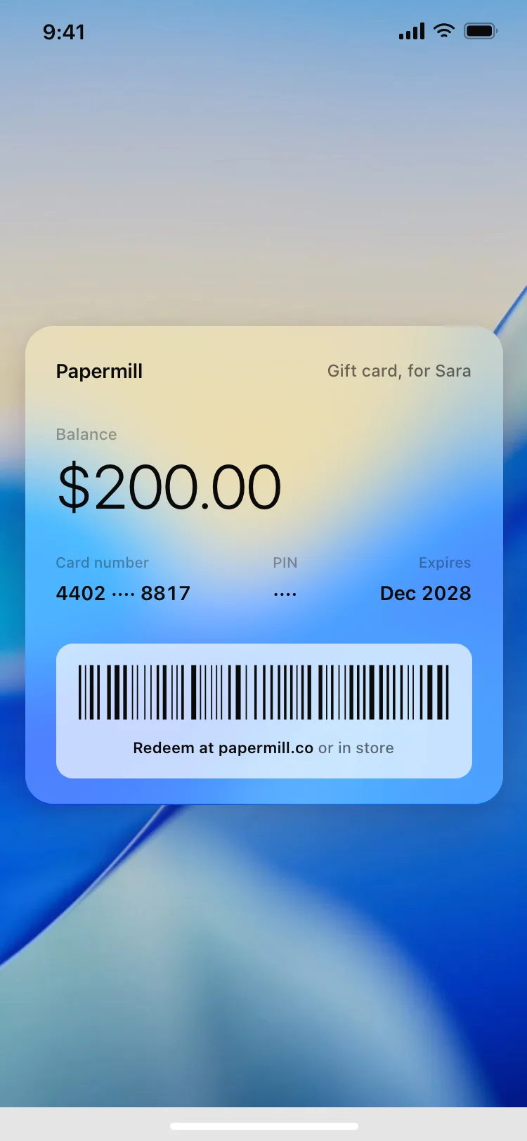 Gift card for wallet