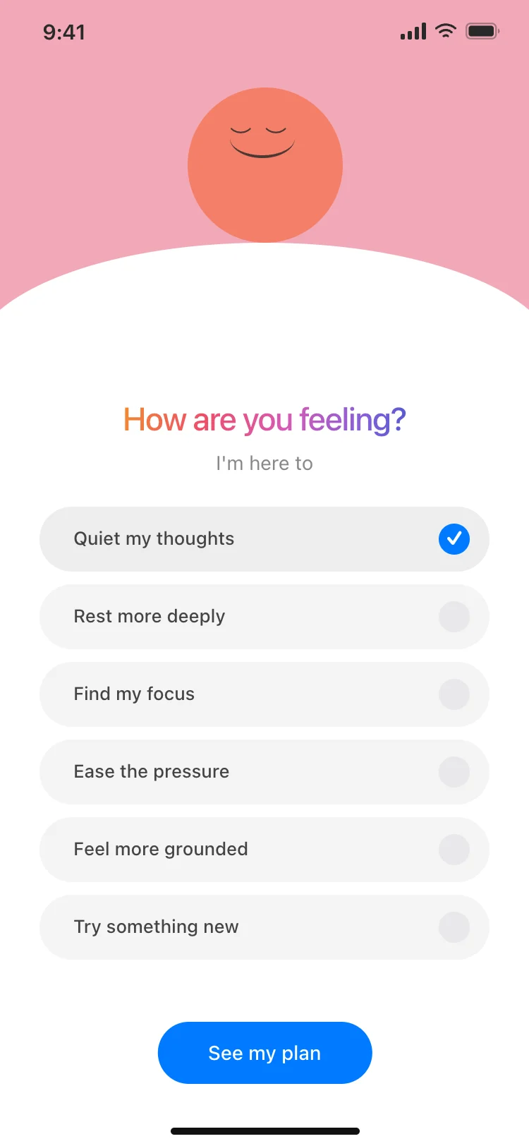 Wellness app onboarding goals screen