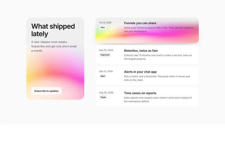 SaaS changelog section with release updates