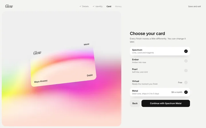 Fintech SaaS choose your card onboarding