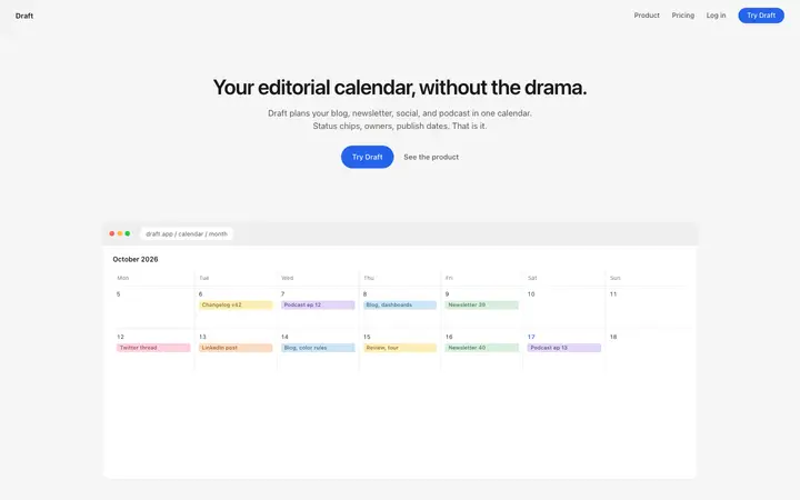 Content calendar landing page template