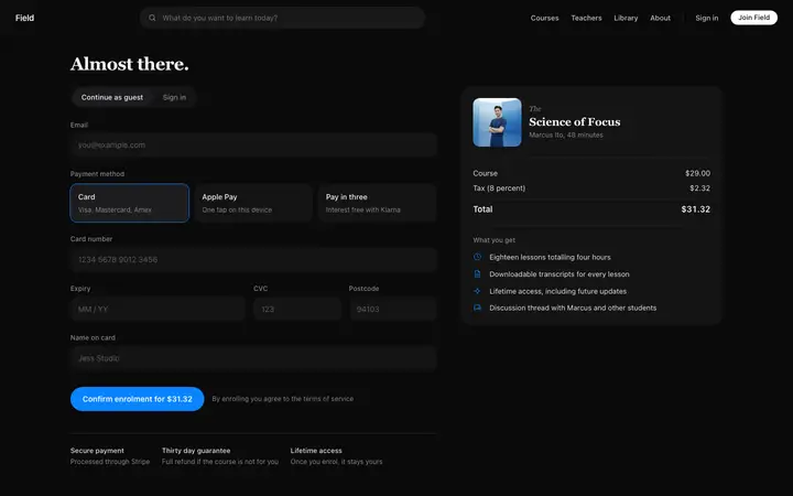 Course checkout page template for LMS apps