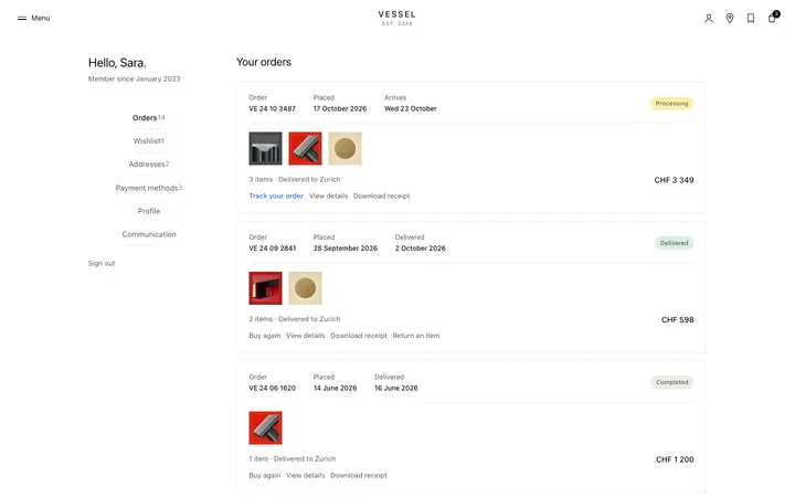 Customer account page template for ecommerce