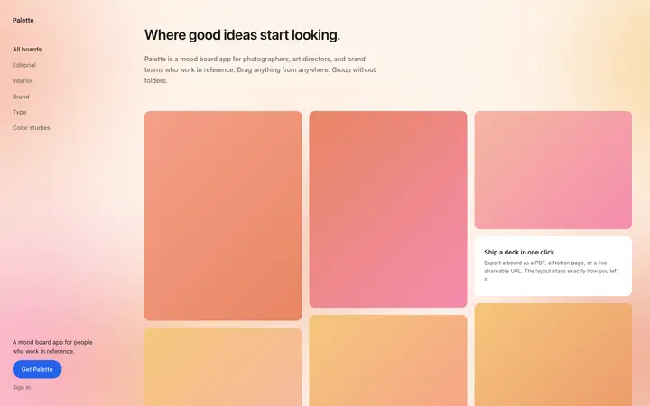 Moodboard app landing page template for SaaS