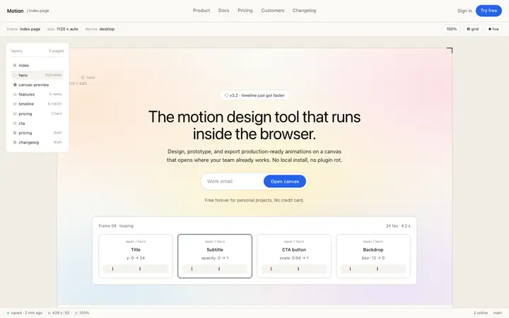 Motion design tool landing page template