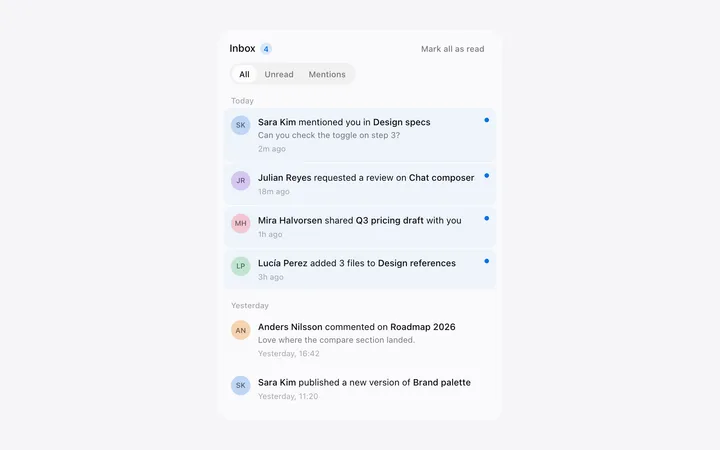 Notification panel template in HTML