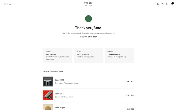Order confirmation page template for stores