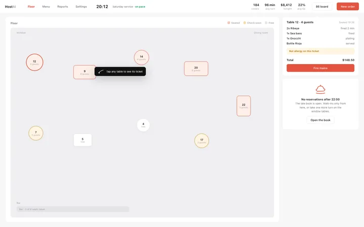 Restaurant floor plan dashboard template for SaaS