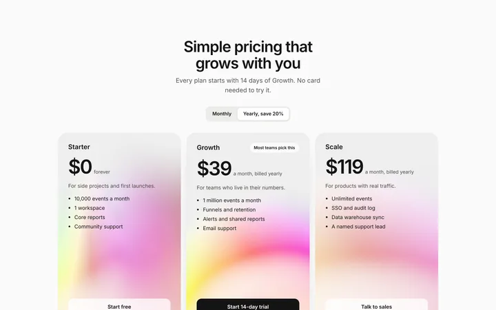 SaaS pricing section with three plans