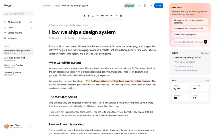 AI writing dashboard template for SaaS docs