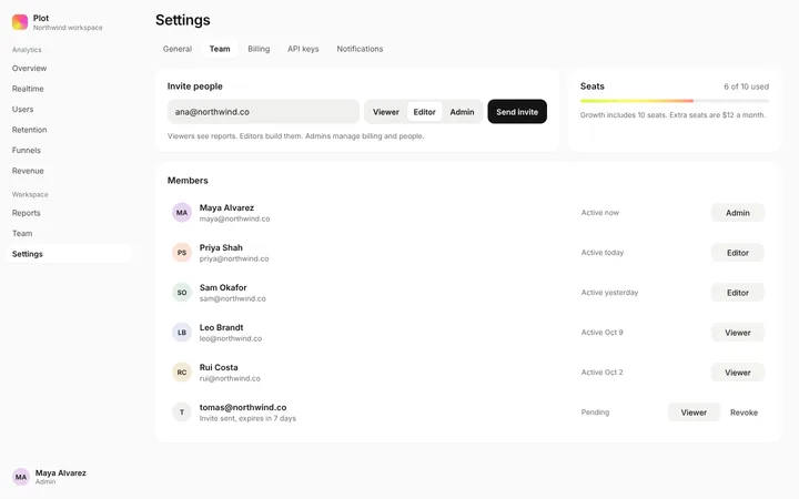 SaaS team settings page template