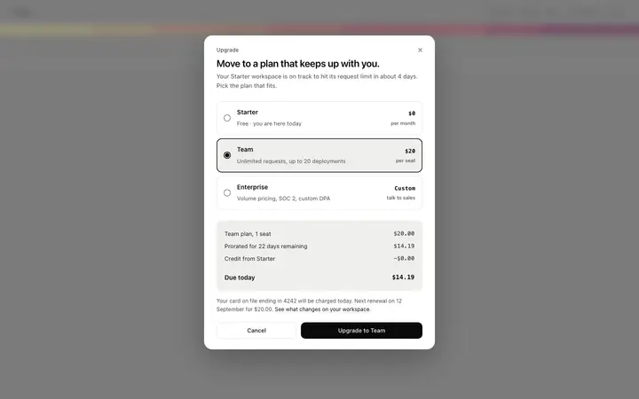 Upgrade plan modal template for SaaS apps