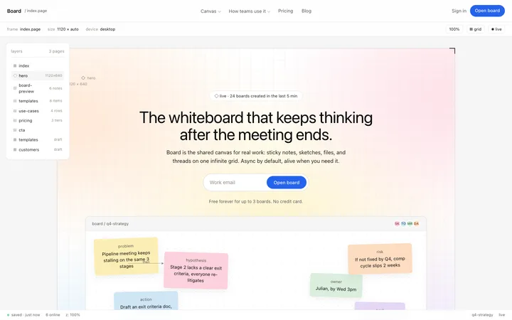 Whiteboard app landing page template for SaaS